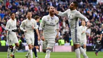 Sergio Ramos celebra su primer gol ante el Málaga.