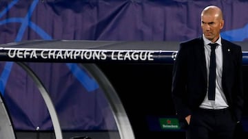 Real Madrid&#039;s French coach Zinedine Zidane reacts during the UEFA Champions League group B football match between Real Madrid and Shakhtar Donetsk at the Alfredo di Stefano stadium in Valdebebas on the outskirts of Madrid on October 21, 2020. (Photo 