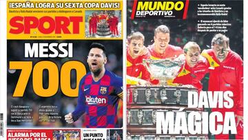 Portadas de los diarios Sport y Mundo Deportivo del d&iacute;a 25 de noviembre de 2019.