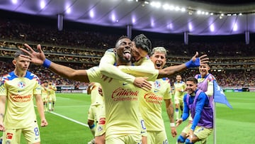     Julian Quinones celebrate this goal 0-1 of America during the round of 16 first leg match between Guadalajara and Club America as part of the CONCACAF Champions Cup 2024, at Akron Stadium on March 06, 2024 in Guadalajara, Jalisco, Mexico.