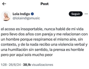 El mensaje de Lola Índigo en redes sociales.