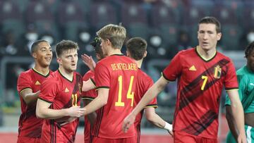 Belgium&#039;s players celebrate after scoring a goal during the international friendly football match Belgium vs Burkina Faso at Lotto Park in Brussels on March 29, 2022. (Photo by Kenzo TRIBOUILLARD / AFP)