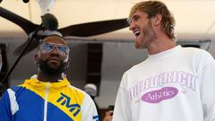 FILE PHOTO: Jun 3, 2021; Miami Beach, Florida, USA; Professional boxer Floyd Mayweather Jr. and YouTube star Logan Paul face off at Villa Casa Casuarina. Mandatory Credit: Jasen Vinlove-USA TODAY Sports/File Photo