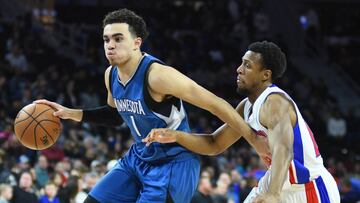 Feb 3, 2017; Auburn Hills, MI, USA; Minnesota Timberwolves guard Tyus Jones (1) drives to the basket as Detroit Pistons guard Ish Smith (14) defends second half at The Palace of Auburn Hills. Mandatory Credit: Tim Fuller-USA TODAY Sports