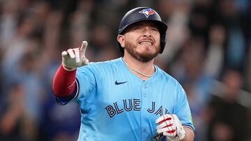 Apr 30, 2025; Toronto, Ontario, CAN; Toronto Blue Jays catcher Alejandro Kirk (30) reacts as he runs to first base on his RBI walk-off single against the Boston Red Sox during the tenth inning at Rogers Centre. Mandatory Credit: John E. Sokolowski-Imagn Images