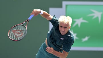 Mar 2, 2026; Indian Wells, CA, USA; Daniel Merida (ESP) hits a shot during his qualifying match against Patrick Kypson (USA) in the BNP Paribas Open at the Indian Wells Tennis Garden. Mandatory Credit: Jayne Kamin-Oncea-Imagn Images