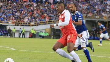 Johan Arango ante la marca de Luis Payares en el partido entre Santa Fe y Millonarios por el Torneo Fox Sports 2019