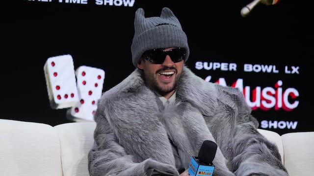 Feb 5, 2026; San Francisco, CA, USA; Bad Bunny during the Super Bowl LX halftime show press conference at Moscone Center. Mandatory Credit: Kirby Lee-Imagn Images