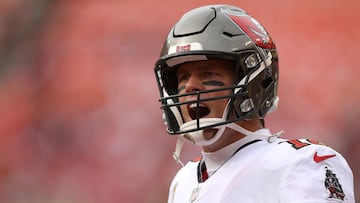 Quarterback Tom Brady #12 of the Tampa Bay Buccaneers warms up before the Bucs game against the Washington Football Team at FedExField on November 14, 2021 in Landover, Maryland.  