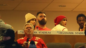 Jan 21, 2024; Orchard Park, New York, USA; Taylor Swift (right) and Jason Kielce (left) in the suites before the 2024 AFC divisional round game between the Kansas City Chiefs and Buffalo Bills at Highmark Stadium. Mandatory Credit: Mark J. Rebilas-USA TODAY Sports