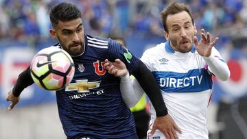 Futbol, Universidad de Chile vs Universidad Catolica
Undecima fecha, campeonato de Transicion 2017
El jugador de Universidad de Chile Jonathan Zacaria, disputa el balon con Jose Pedro Fuenzalida de Universidad Catolica durante el partido de primera division en el estadio Nacional de Santiago, Chile.
29/10/2017
Christian Iglesias/Photosport
Football, Universidad de Chile vs Universidad Catolica
11th date, Transition Championship 2017
Universidad de Chile's player Jonathan Zacaria, battles for the ball against Jose Pedro Fuenzalida of Universidad Catolica during the first division football match at the National stadium in Santiago, Chile.
29/10/2017
Christian Iglesias/Photosport