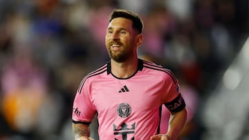 FORT LAUDERDALE, FLORIDA - FEBRUARY 21: Lionel Messi #10 of Inter Miami reacts after a goal scored by teammate Robert Taylor #16 (not pictured) during the first half against Real Salt Lake at Chase Stadium on February 21, 2024 in Fort Lauderdale, Florida.   Mike Ehrmann/Getty Images/AFP (Photo by Mike Ehrmann / GETTY IMAGES NORTH AMERICA / Getty Images via AFP)