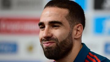 Spain's defender Dani Carvajal attends a press conference at Krasnodar Academy on June 28, 2018, during the Russia 2018 World Cup football tournament. / AFP PHOTO / PIERRE-PHILIPPE MARCOU