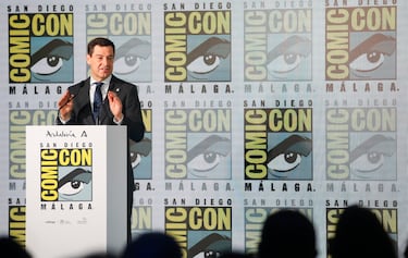 El presidente de la Junta de Andalucía, Juanma Moreno, durante la presentación de la San Diego Comic-Con.  