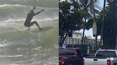 Andrew Sherlock Mills surfeando y su tabla de surf colgando de un &aacute;rbol en Jupiter, Florida, Estados Unidos. 