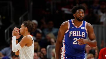 ATLANTA, GEORGIA - OCTOBER 28: Trae Young #11 of the Atlanta Hawks and Joel Embiid #21 of the Philadelphia 76ers react in the second half at State Farm Arena on October 28, 2019 in Atlanta, Georgia. NOTE TO USER: User expressly acknowledges and agrees that, by downloading and/or using this photograph, user is consenting to the terms and conditions of the Getty Images License Agreement.   Kevin C. Cox/Getty Images/AFP
 == FOR NEWSPAPERS, INTERNET, TELCOS &amp; TELEVISION USE ONLY ==