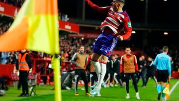 Callej¨®n celebra su gol ante el Albacete