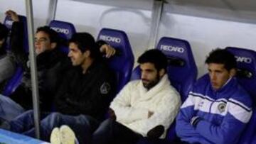 <b>PLAGA. </b>Peña, Abraham Paz, Ruz y Dani Bautista, defensas que no pudieron jugar ante el Villarreal B, junto a Del Olmo y Miguel.