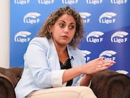 Beatriz Alvarez, President of the Women's Soccer League (Liga F) attends during an interview for Europa Press at Headquarters of the Liga F on July 19, 2023, in Madrid, Spain.