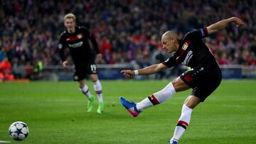 MADRID, SPAIN - MARCH 15:  Chicharito of Bayer Leverkusen shoots on goal during the UEFA Champions League Round of 16 second leg match between Club Atletico de Madrid and Bayer Leverkusen at Vicente Calderon Stadium on March 15, 2017 in Madrid, Spain.  (P