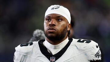 SEATTLE, WASHINGTON - DECEMBER 18: Tyler Steen #56 of the Philadelphia Eagles looks on against the Seattle Seahawks at Lumen Field on December 18, 2023 in Seattle, Washington. Steph Chambers/Getty Images/AFP (Photo by Steph Chambers / GETTY IMAGES NORTH AMERICA / Getty Images via AFP)