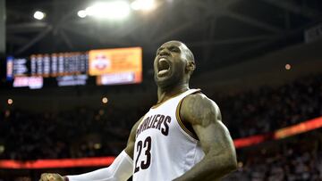 Apr 15, 2017; Cleveland, OH, USA; Cleveland Cavaliers forward LeBron James (23) reacts after a dunk in the third quarter against the Indiana Pacers in game one of the first round of the 2017 NBA Playoffs at Quicken Loans Arena. Mandatory Credit: David Richard-USA TODAY Sports