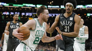 Jan 7, 2019; Boston, MA, USA; Boston Celtics forward Gordon Hayward (20) drives the ball against Brooklyn Nets center Jarrett Allen (31) in the second quarter at TD Garden. Mandatory Credit: David Butler II-USA TODAY Sports