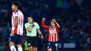 Soccer Football - Liga MX - Quater Final - Second Leg - Cruz Azul v Guadalajara - Estadio Azteca, Mexico City, Mexico - November 30, 2025 Guadalajara's Cade Cowell celebrates scoring their first goal REUTERS/Eloisa Sanchez