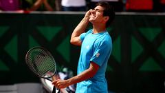 PARIS, FRANCE - MAY 27: Cristian Garin of Chile celebrates victory during his mens singles first round match against Reilly Opelka of The United States during Day two of the 2019 French Open at Roland Garros on May 27, 2019 in Paris, France. (Photo by Cli