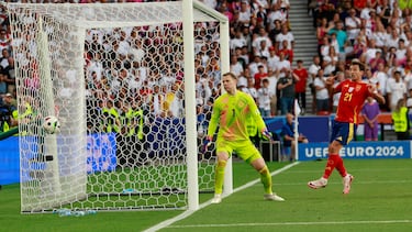 Dani Olmo, MVP del partido, recibe al borde del área y la pone de manera magistral para la cabeza del jugador internacional de la Real Sociedad que anota el segundo. Imposible para Manuel Neuer.