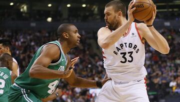 Feb 26, 2019; Toronto, Ontario, CAN; Toronto Raptors center Marc Gasol (33) keeps the ball away from Boston Celtics center Al Horford (42) during the first half at Scotiabank Arena. Mandatory Credit: John E. Sokolowski-USA TODAY Sports