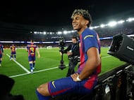 Soccer Football - UEFA Champions League - Round of 16 - Second Leg - FC Barcelona v Newcastle United - Spotify Camp Nou, Barcelona, Spain - March 18, 2026 FC Barcelona's Lamine Yamal after scoring their third goal REUTERS/Albert Gea