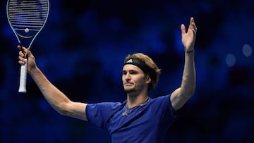 Germany&#039;s Alexander Zverev celebrates after defeating Serbia&#039;s Novak Djokovic during their semi-final match of the ATP Finals at the Pala Alpitour venue in Turin on November 20, 2021. (Photo by Marco BERTORELLO / AFP)