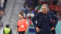 Iran's Portuguese coach Carlos Queiroz reacts during the Qatar 2022 World Cup Group B football match between Iran and USA at the Al-Thumama Stadium in Doha on November 29, 2022. (Photo by Fadel Senna / AFP) (Photo by FADEL SENNA/AFP via Getty Images)
