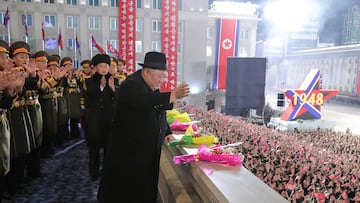 North Korean leader Kim Jong Un greets the crowd during a military parade to mark the 75th founding anniversary of North Korea's army, at Kim Il Sung Square in Pyongyang, North Korea February 8, 2023, in this photo released by North Korea's Korean Central News Agency (KCNA).    KCNA via REUTERS    ATTENTION EDITORS - THIS IMAGE WAS PROVIDED BY A THIRD PARTY. REUTERS IS UNABLE TO INDEPENDENTLY VERIFY THIS IMAGE. NO THIRD PARTY SALES. SOUTH KOREA OUT. NO COMMERCIAL OR EDITORIAL SALES IN SOUTH KOREA.