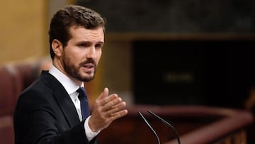 (FILES) In this file photo taken on January 4, 2020 Spanish People&#039;s Party (PP) leader, conservative Pablo Casado, gives a response to caretaker prime minister&#039;s speech during the first day of a parliamentary investiture debate to vote for a pre