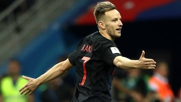 NIZHNY NOVGOROD, RUSSIA - JULY 01: Ivan Rakitic of Croatia celebrates scoring his team's fifth penalty in the penalty shoot out during the 2018 FIFA World Cup Russia Round of 16 match between Croatia and Denmark at Nizhny Novgorod Stadium on July 1,