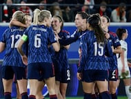Arsenal players celebrate after scoring their first goal during the UEFA Women�s Champions League knockout play-off first-leg match between Oud-Heverlee Leuven and Arsenal FC at the Den Dreef Stadium in Leuven on February 11, 2026. (Photo by Simon Wohlfahrt / AFP)