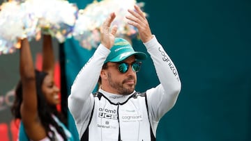 MIAMI, FLORIDA - MAY 07: Fernando Alonso of Spain and Aston Martin F1 Team looks on from the grid prior to the F1 Grand Prix of Miami at Miami International Autodrome on May 07, 2023 in Miami, Florida.   Chris Graythen/Getty Images/AFP (Photo by Chris Graythen / GETTY IMAGES NORTH AMERICA / Getty Images via AFP)