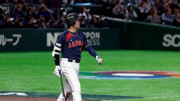 El japonés Shohei Ohtani reacciona tras batear un grand slam durante la segunda entrada del partido del Grupo C del Clásico Mundial de Béisbol (WBC) entre Japón y Taiwán en el Tokyo Dome de Tokio, Japón, el 6 de marzo de 2026.