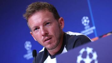 MUNICH, GERMANY - SEPTEMBER 12: Julian Nagelsmann, head coach of FC Bayern M¨¹nchen talks to the media during a press conference ahead of their UEFA Champions League group C match against FC Barcelona at Allianz Arena on September 12, 2022 in Munich, Germany. (Photo by Alexander Hassenstein/Getty Images)