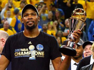 Jun 12, 2017; Oakland, CA, USA; Golden State Warriors forward Kevin Durant (35) celebrates after winning the NBA Fianls MVP in game five of the 2017 NBA Finals at Oracle Arena. Mandatory Credit: Kelley L Cox-USA TODAY Sports