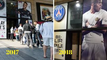 La tienda oficial del PSG en 2017 con Neymar de imagen y en 2018 con Kylian Mbappé.