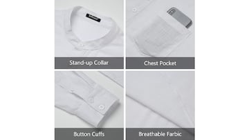 Camisa de lino para hombre con mangas largas, cuello alto y dobladillo redondo que est¨¢ disponible en Amazon.
