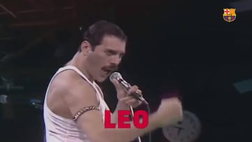 Captura del v&iacute;deo montaje del FC Barcelona en el que aparece Freddie Mercury gritando &quot;Leo&quot; durante el memorable concierto de Queen en Wembley en 1985.