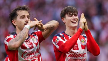 Armando Gonzalez celebrates his goal 4-3 with Alan Mozo of Guadalajara during the 3rd round match between Guadalajara and Atletico de San Luis as part of the Liga BBVA MX, Torneo Apertura 2025 at Akron Stadium, on July 26, 2025 in Guadalajara, Jalisco, Mexico.