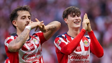 Armando Gonzalez celebrates his goal 4-3 with Alan Mozo of Guadalajara during the 3rd round match between Guadalajara and Atletico de San Luis  as part of the Liga BBVA MX, Torneo Apertura 2025 at Akron Stadium, on July 26, 2025 in Guadalajara, Jalisco, Mexico.