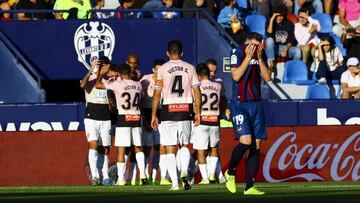 Bernardo Jose Espinosa Zuniga of RCD Espanyol celebrate after scoring the 0-1 goal with his teammate during spanish La Liga match between Levante UD vs RCD Espanyol at Ciutat de Valencia Stadium on October 27, 2019.