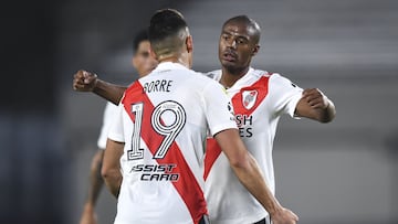 BUENOS AIRES, ARGENTINA - FEBRUARY 20: Nicolas De La Cruz of River Plate celebrates after scoring the third goal of his team during a match between River Plate and Rosario Central as part of Copa De La Liga Profesional 2021 at Estadio Monumental Antonio V