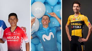 Nairo Quintana, Enric Mas y Tom Dumoulin posan con los maillots del Ark&eacute;a-Samsic, Movistar y Jumbo-Visma respectivamente.